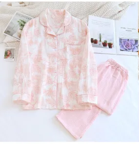 Pink Pure Cotton Leaf AOP Pajama Set