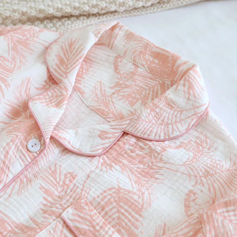 Pink Pure Cotton Leaf AOP Pajama Set