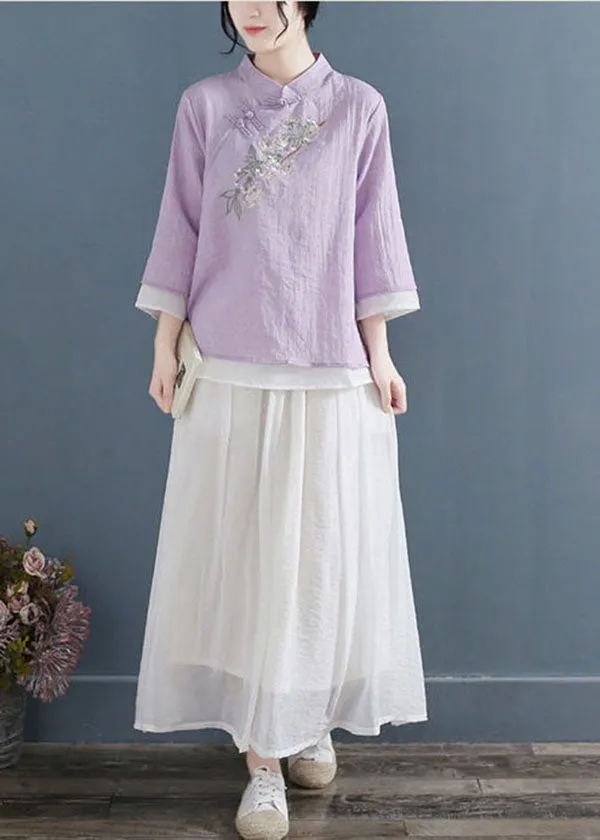 Purple Chinese Style Cotton Blouse Tops Layered Embroideried Three Quarter sleeve