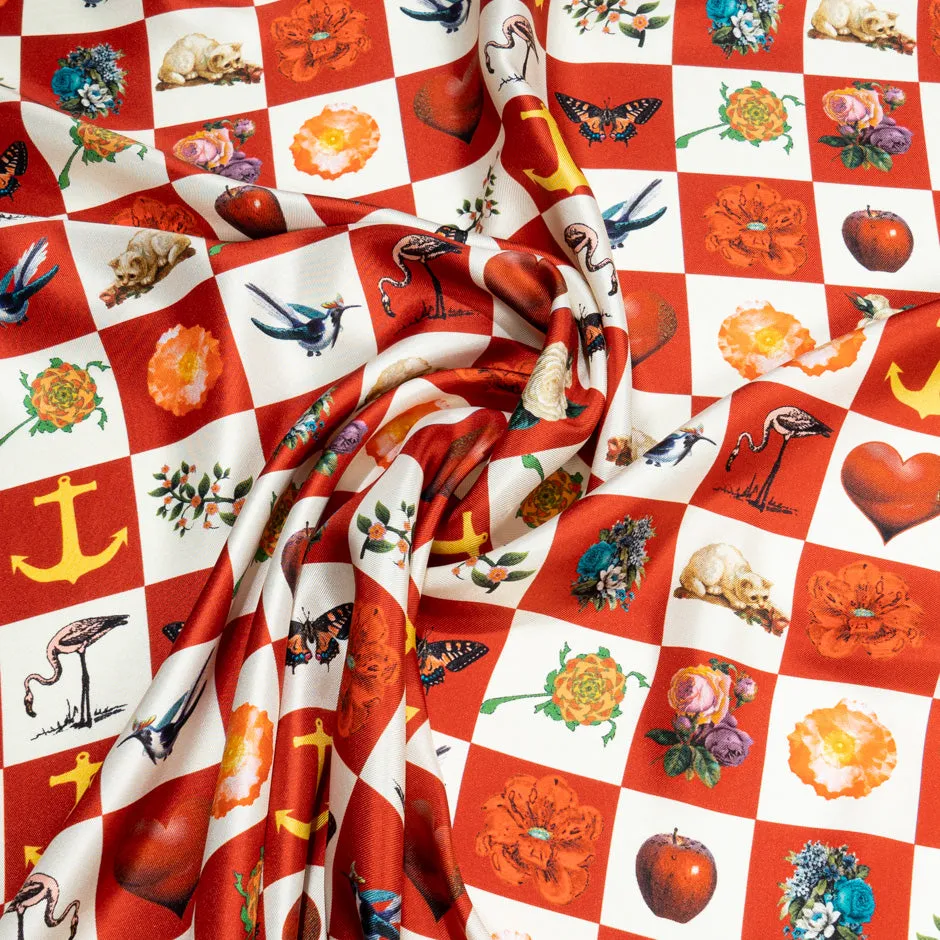 Red & White Floral & Heart Printed Pure Silk Twill