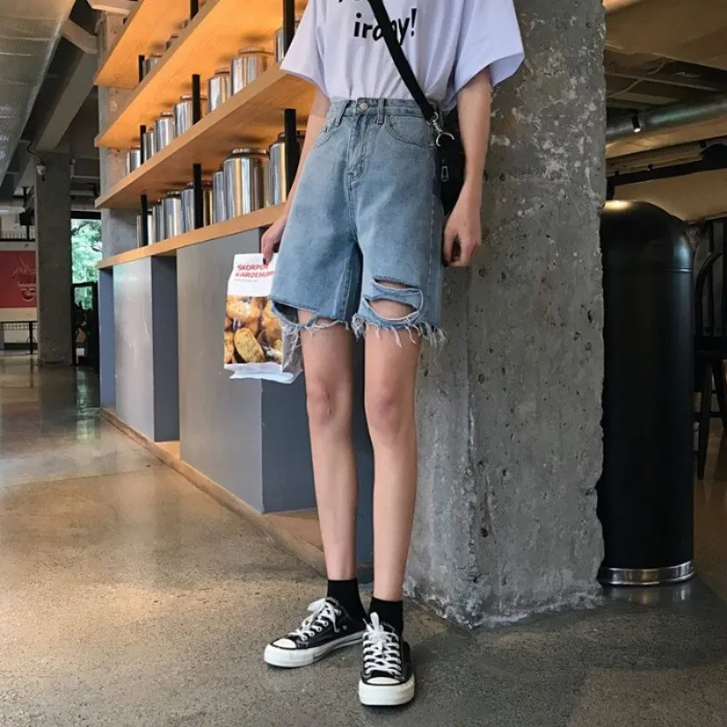 Ripped Knee-Length Denim Shorts