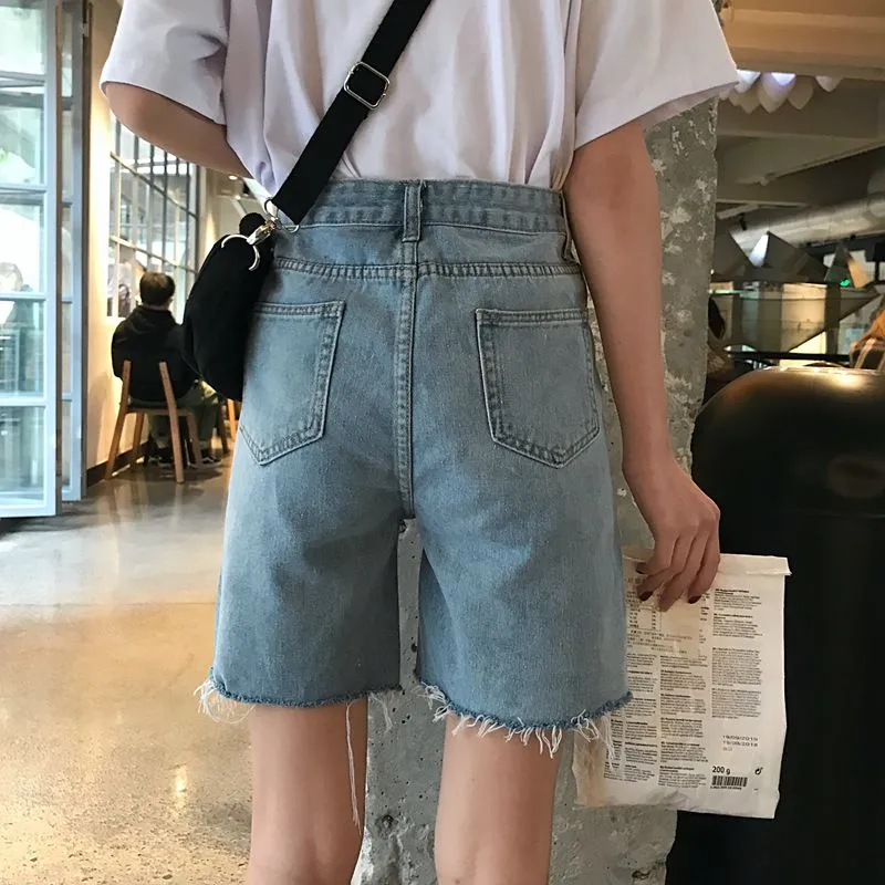 Ripped Knee-Length Denim Shorts