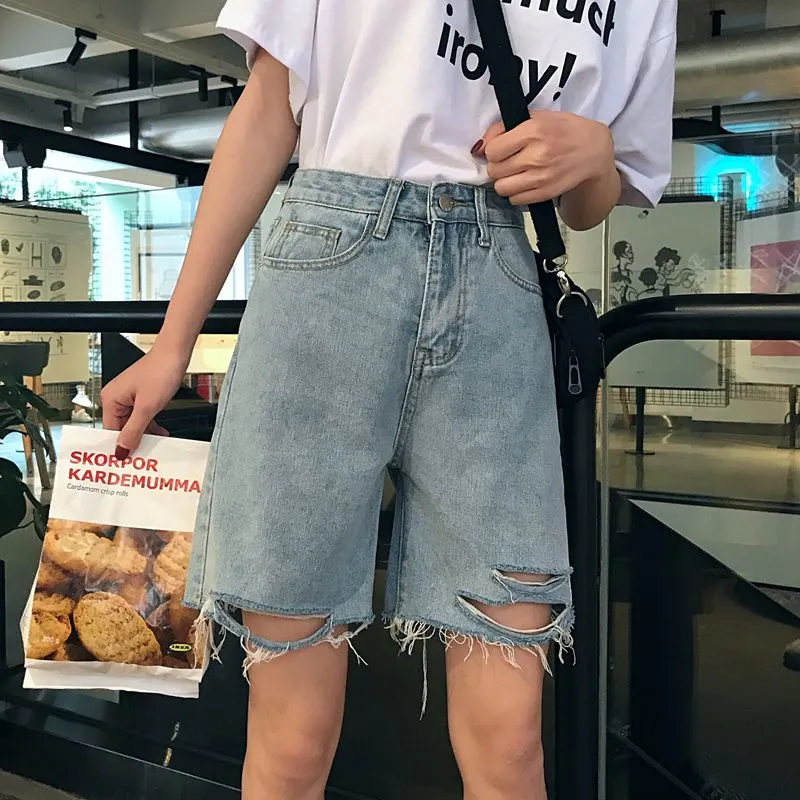 Ripped Knee-Length Denim Shorts