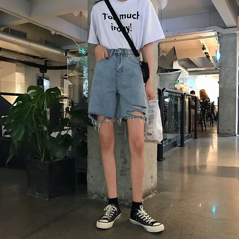 Ripped Knee-Length Denim Shorts