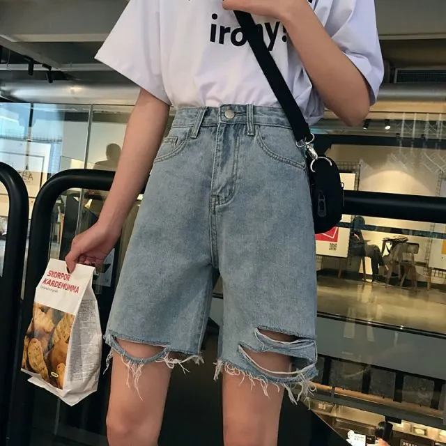 Ripped Knee-Length Denim Shorts