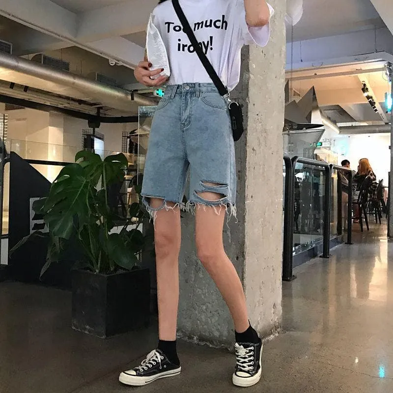 Ripped Knee-Length Denim Shorts