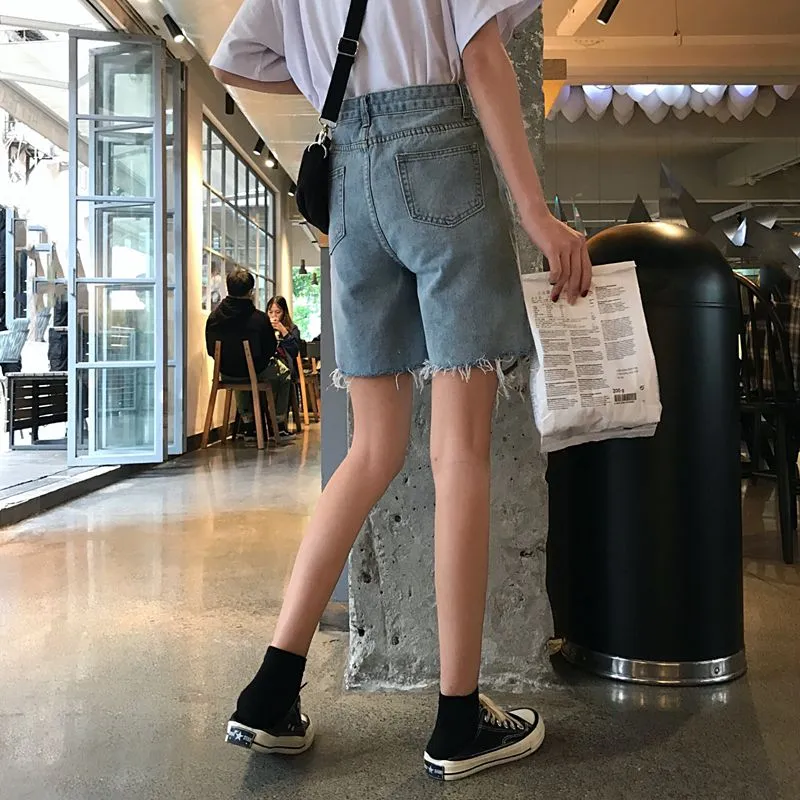 Ripped Knee-Length Denim Shorts