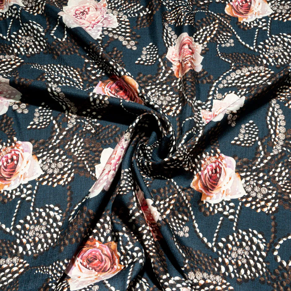 Rose Floral Printed Blue Silk Twill