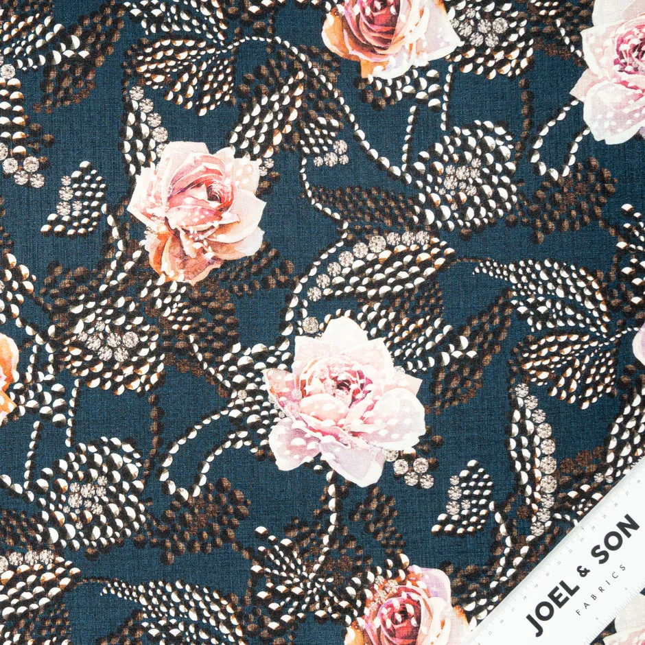 Rose Floral Printed Blue Silk Twill