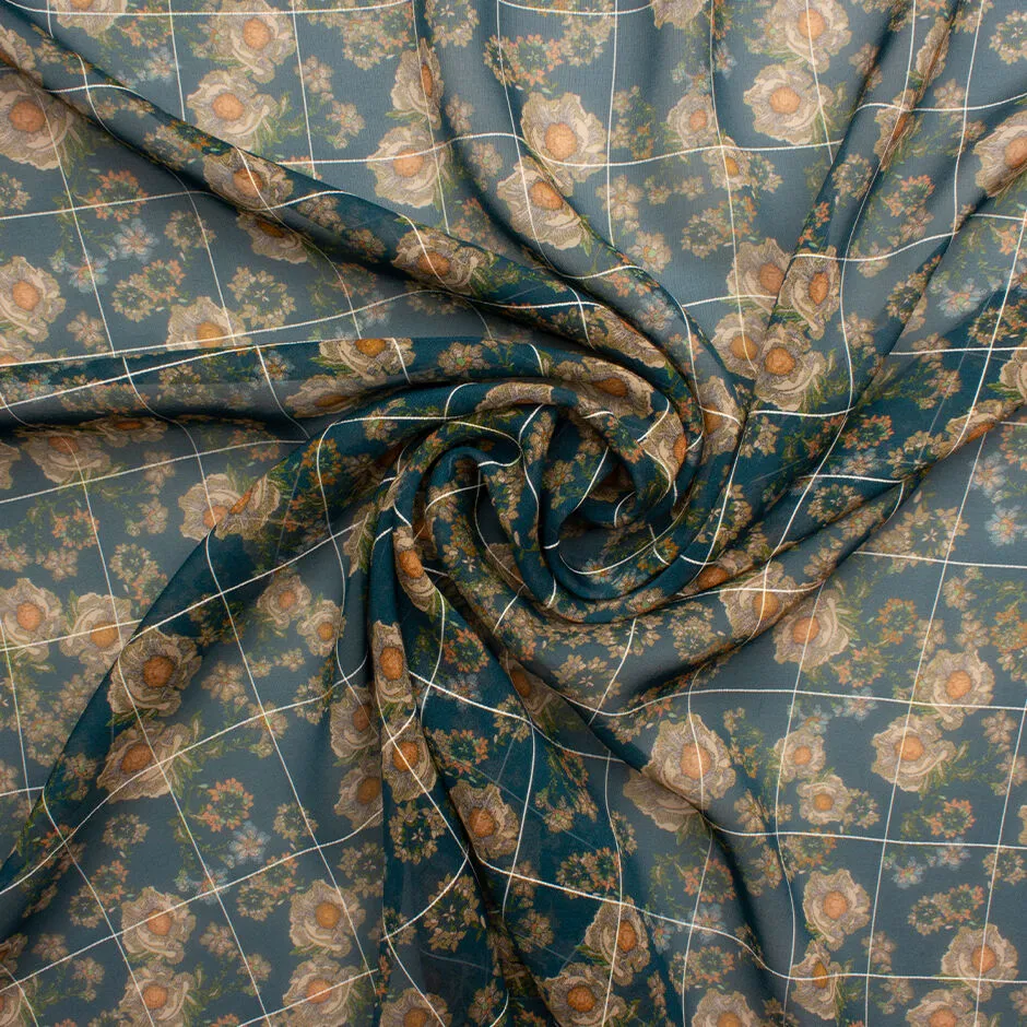 Saffron Floral Printed Teal Green Pure Silk Georgette