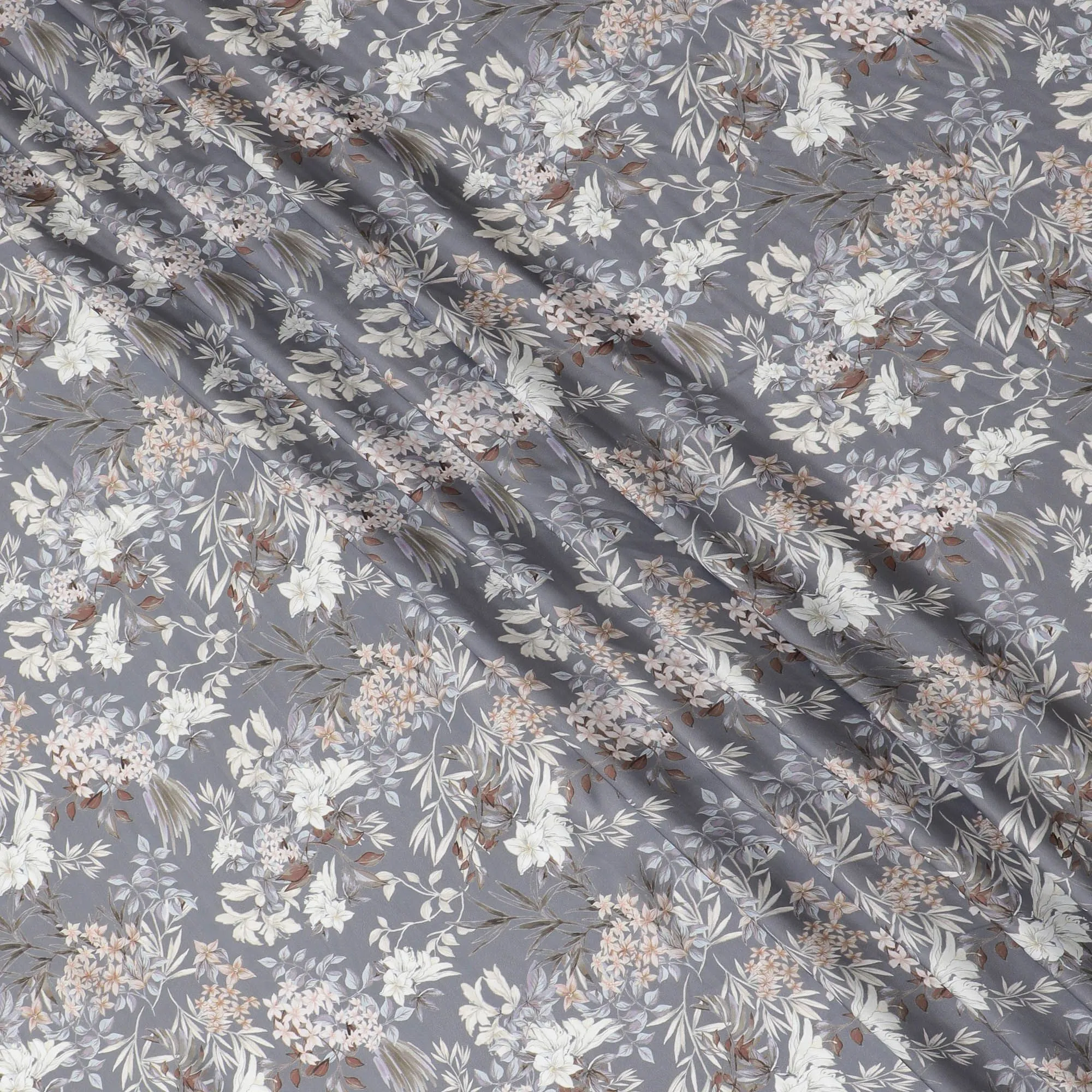 Serene Meadow Floral Modal Satin Fabric - 110cm Wide, Soft Gray Botanical Print from India-D18527