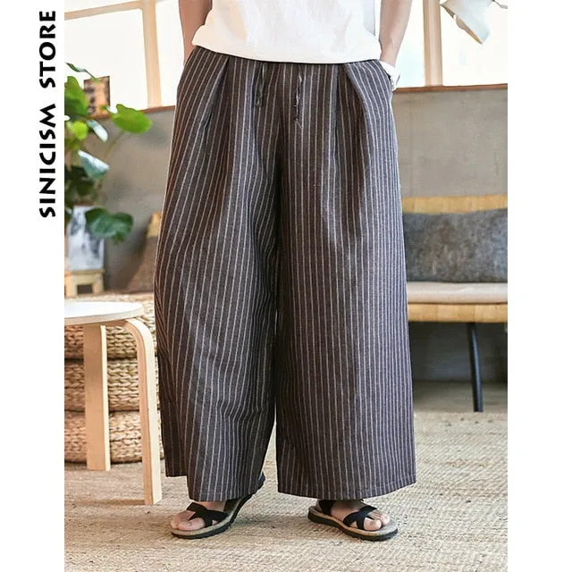 Sinicism Store Man Cotton Linen Wild Leg Pants Men Casual Stripe Straight Pants 2018 Male Full-Length Traditional Pants Trousers