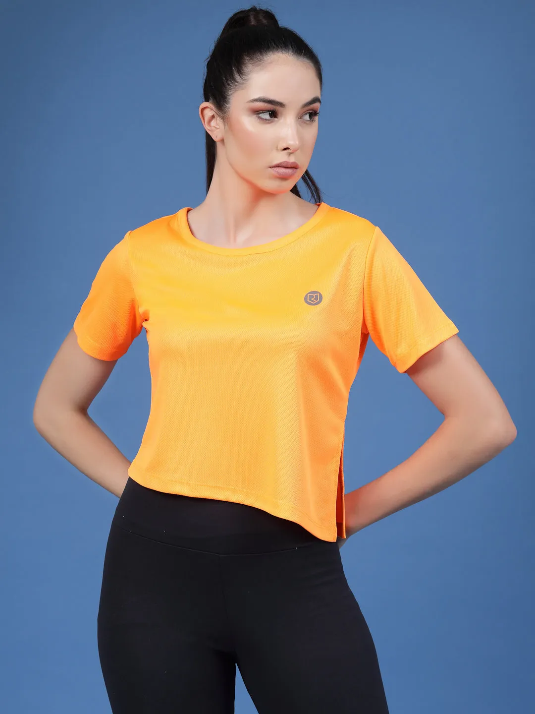 Solid Half Sleeves Round Neck Loose Fit Women Active Wear Crop Top