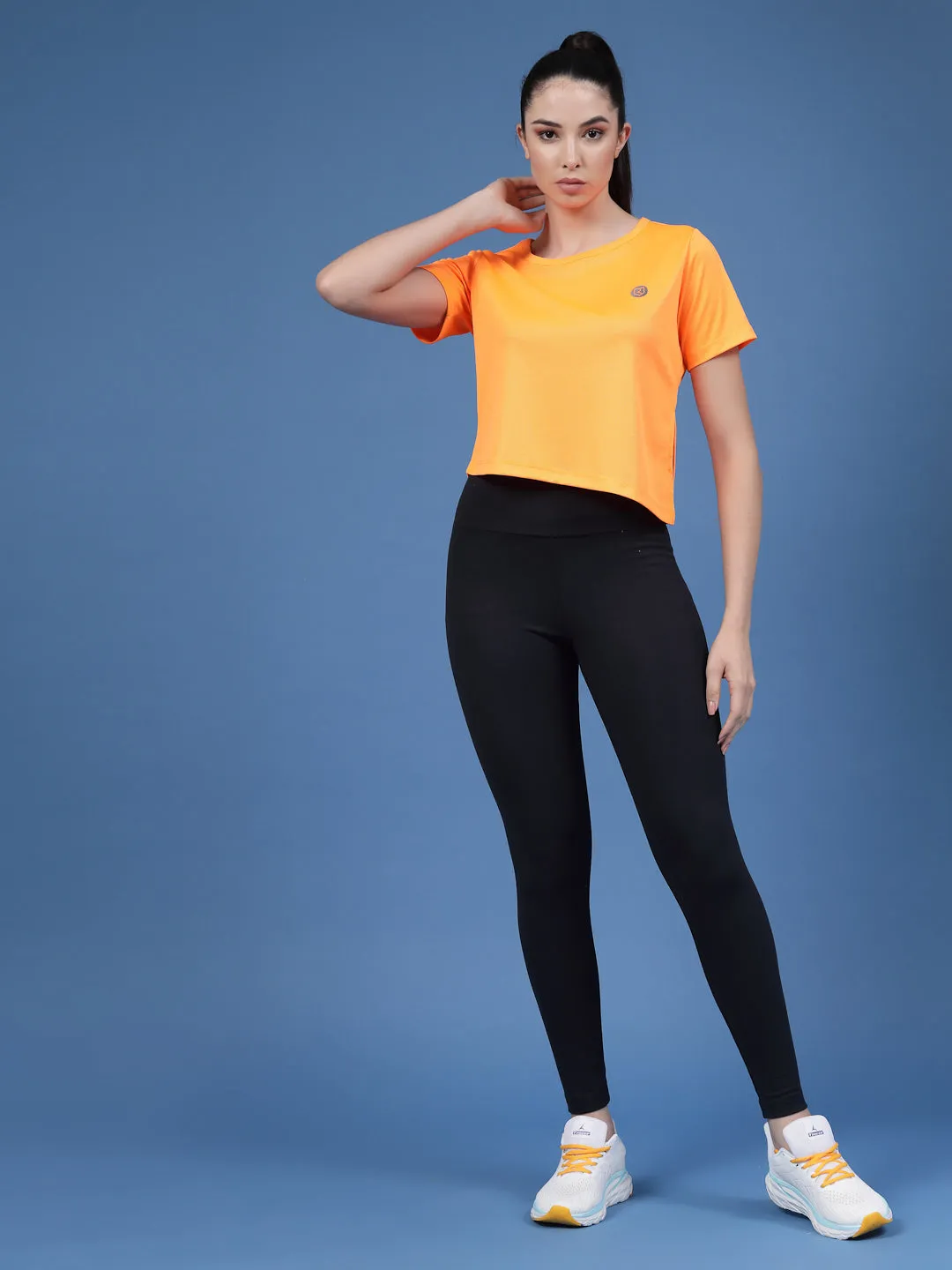 Solid Half Sleeves Round Neck Loose Fit Women Active Wear Crop Top