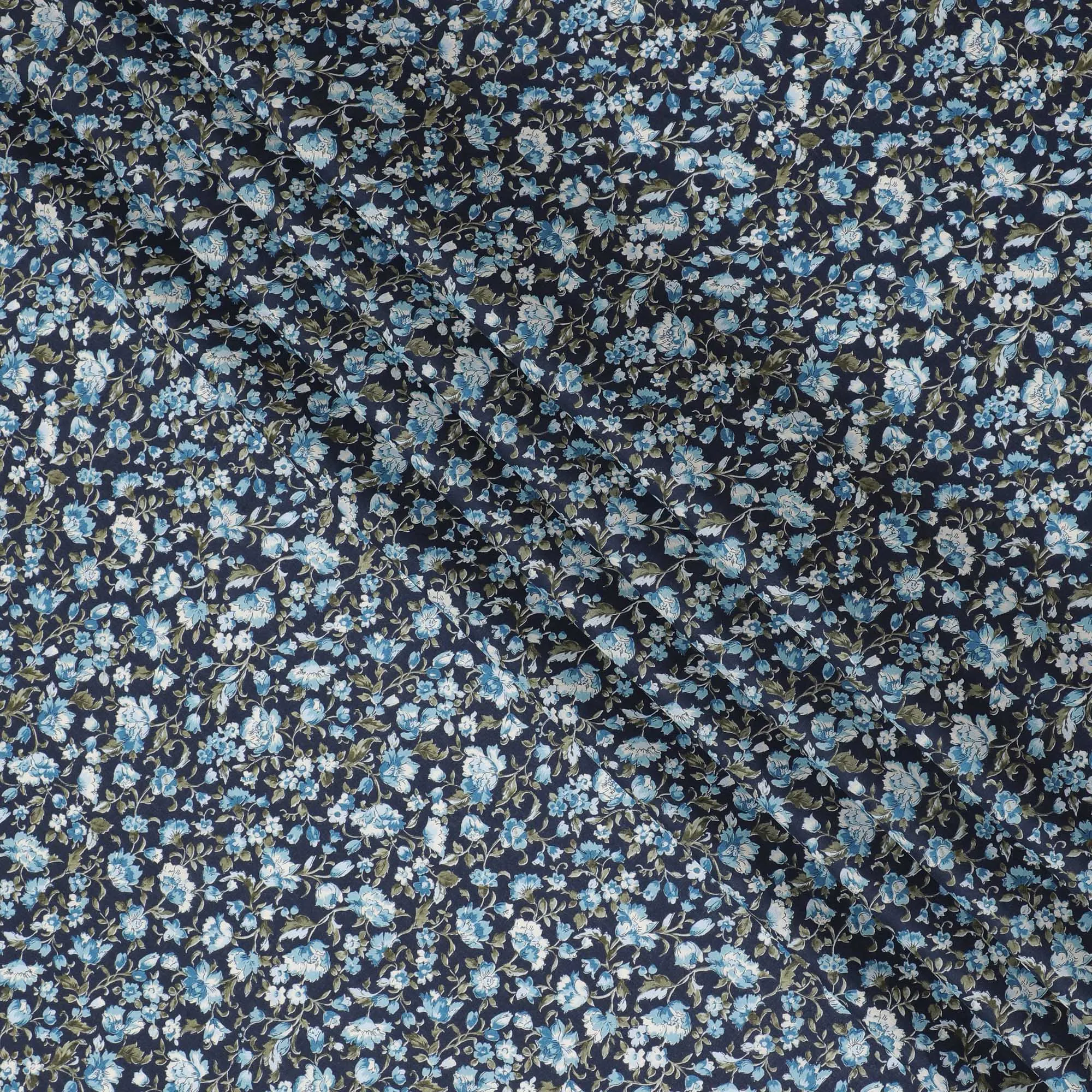 Sophisticated Navy Blue Floral Cotton Lawn Fabric with Light Blue Blossoms, 110 cm Wide, Japanese Design-D19551