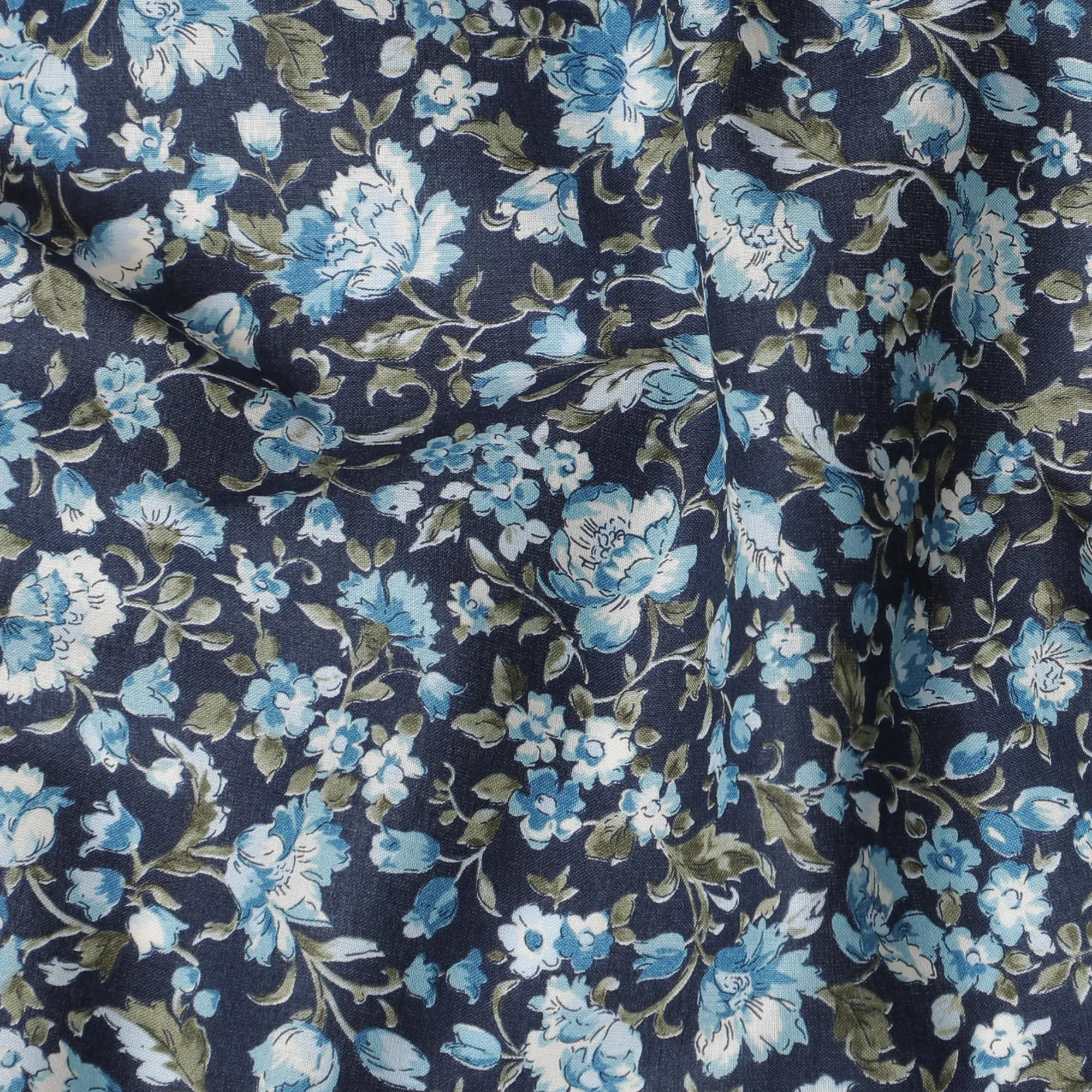 Sophisticated Navy Blue Floral Cotton Lawn Fabric with Light Blue Blossoms, 110 cm Wide, Japanese Design-D19551