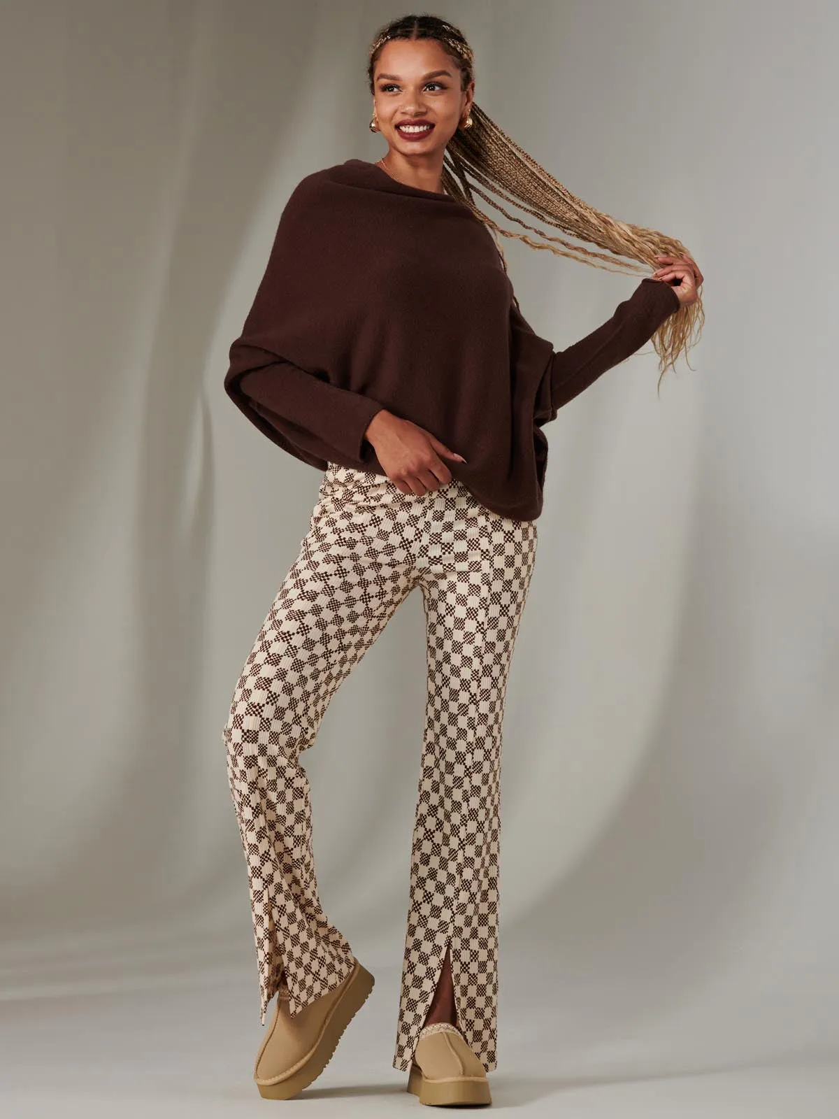 Split Hem Flared Trousers, Brown Check