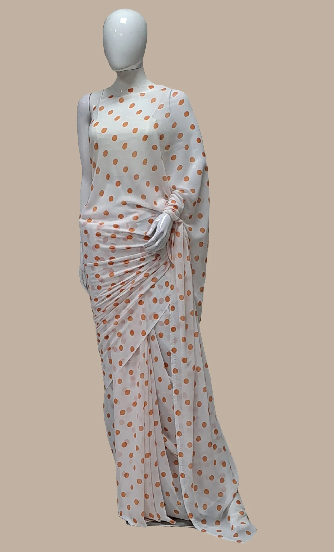 Tangerine Polka Dot Printed Sari