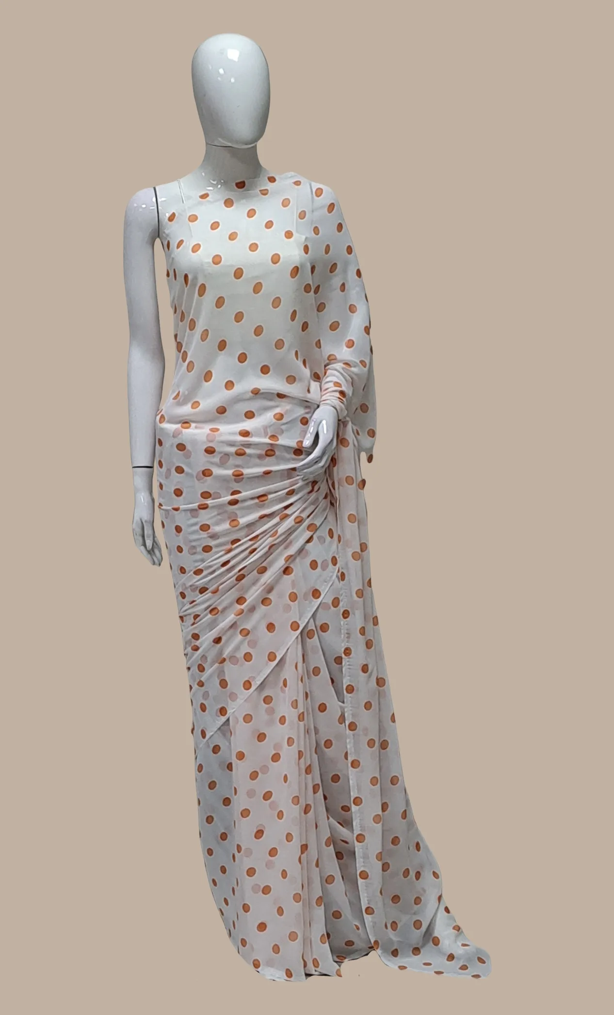 Tangerine Polka Dot Printed Sari