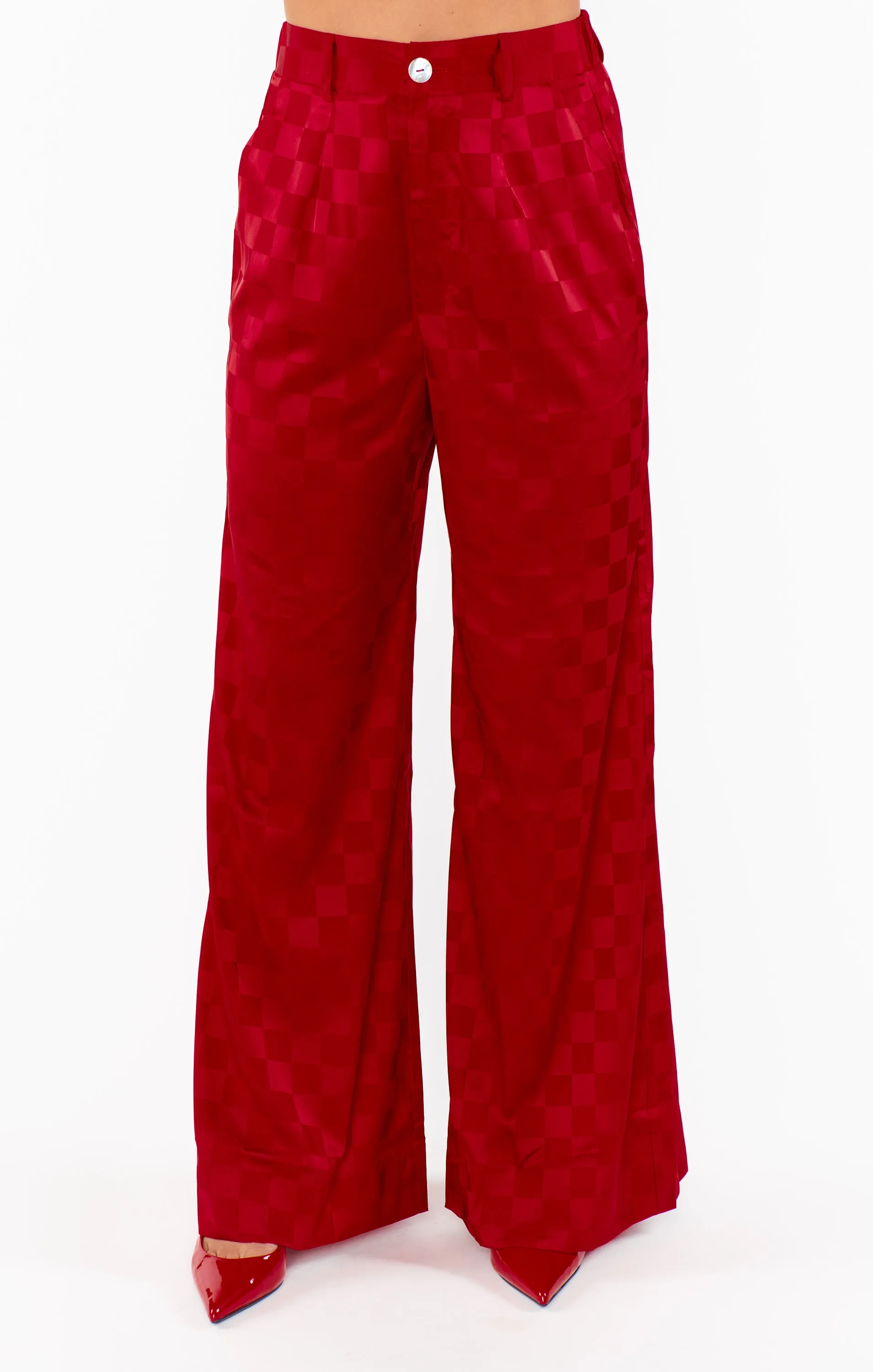 Tanner Trousers ~ Red Checkerboard Satin