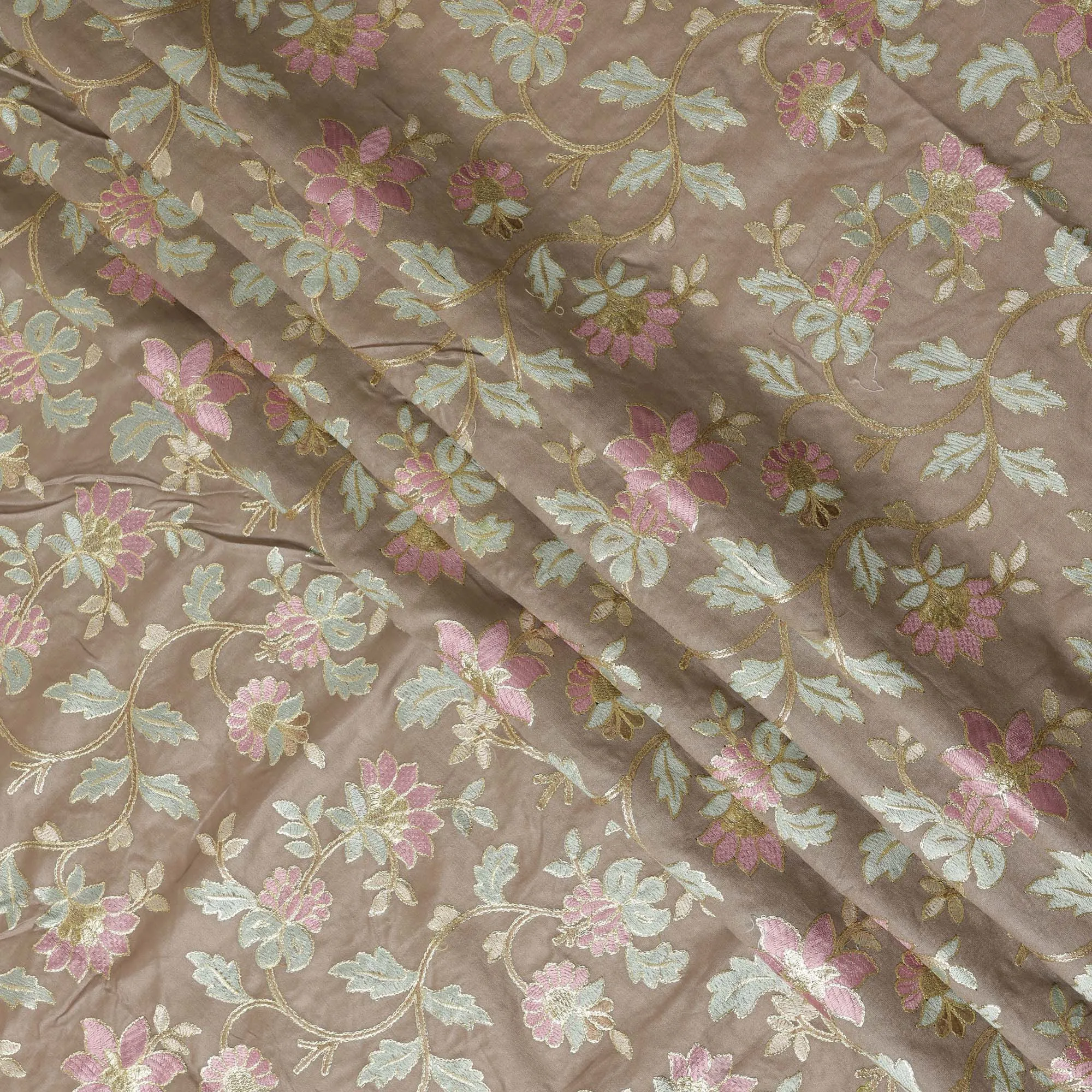 Taupe Cotton Silk Fabric with Pink and Mint Green Floral Embroidery, 110 cm Width-D20433