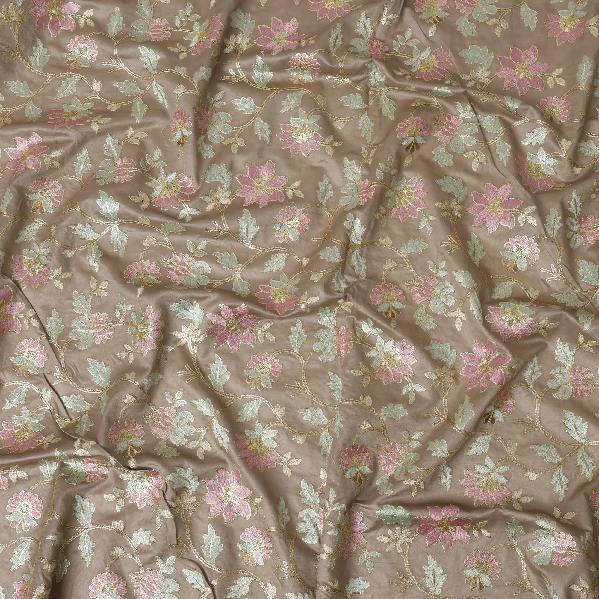 Taupe Cotton Silk Fabric with Pink and Mint Green Floral Embroidery, 110 cm Width-D20433