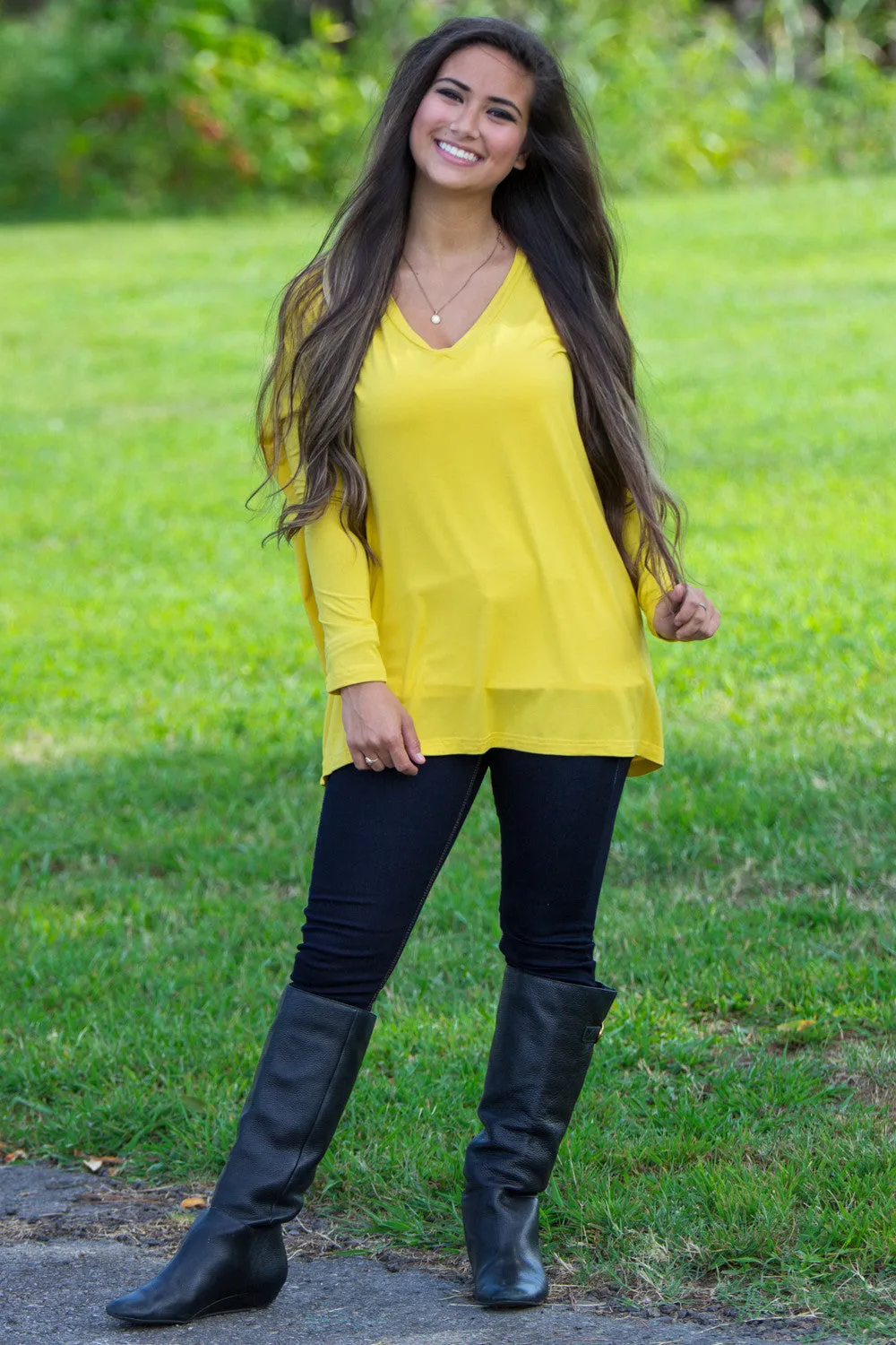 The Perfect Piko V-Neck Top-Mustard