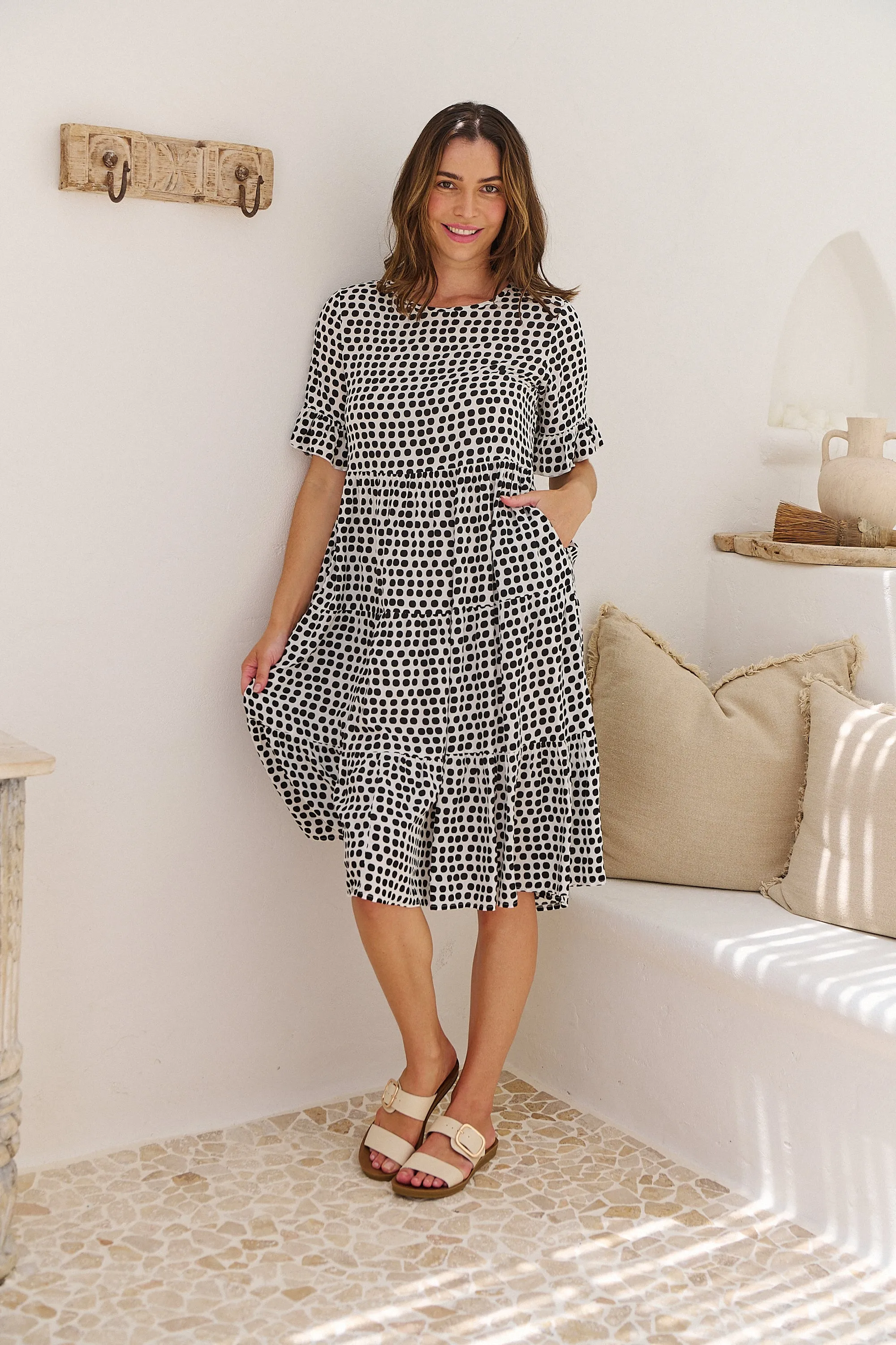 Thea White/Black Spot Print Pocketed Smock