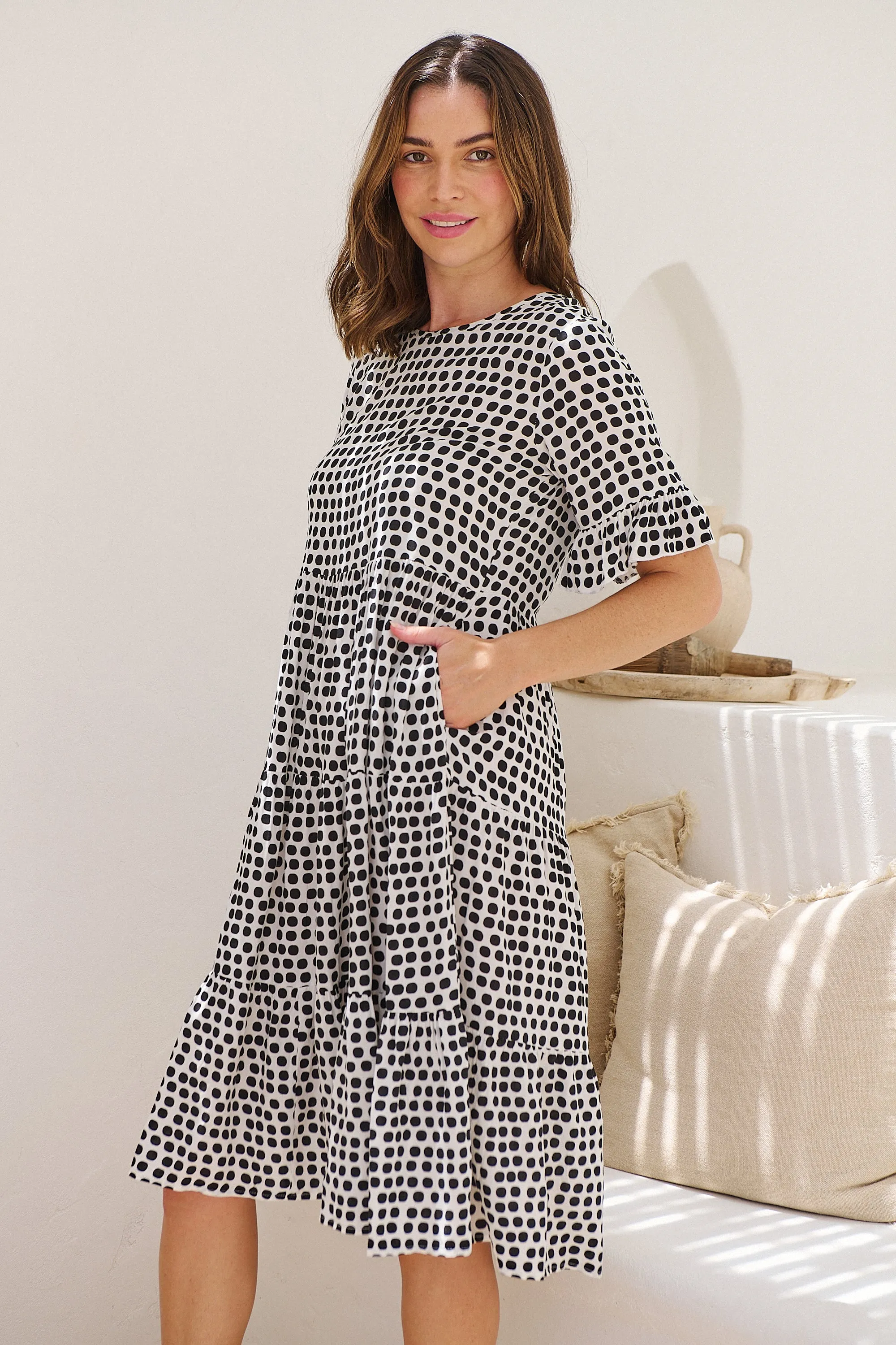 Thea White/Black Spot Print Pocketed Smock