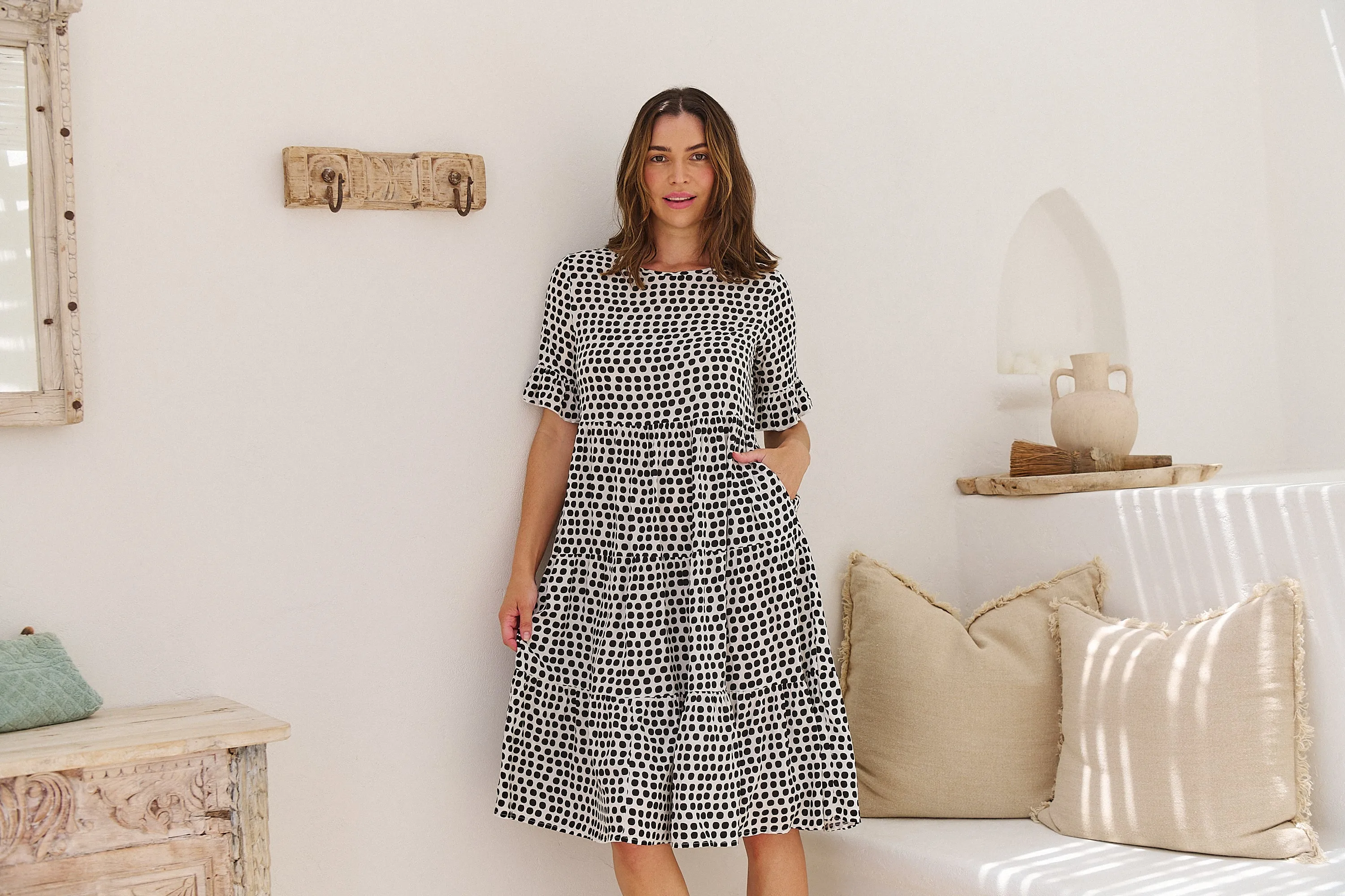 Thea White/Black Spot Print Pocketed Smock