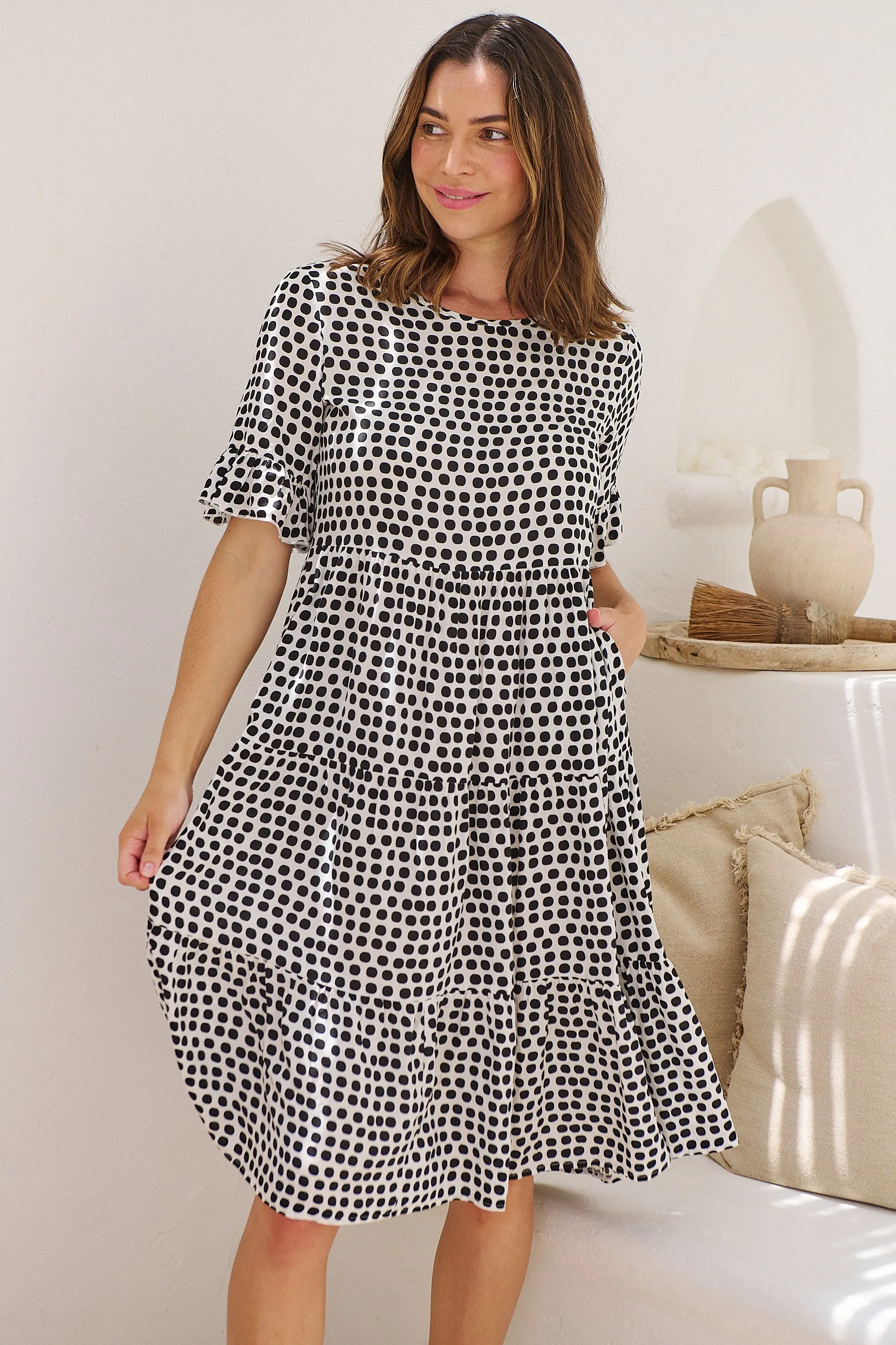 Thea White/Black Spot Print Pocketed Smock