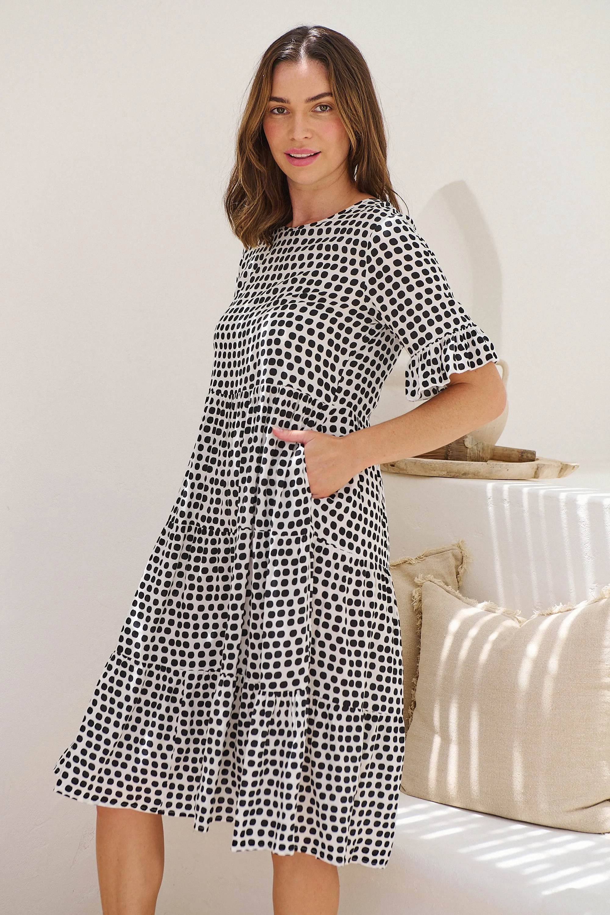 Thea White/Black Spot Print Pocketed Smock