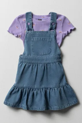 Tiered Denim Pinafore Dress With Rainbow T-Shirt Set Blue & Purple