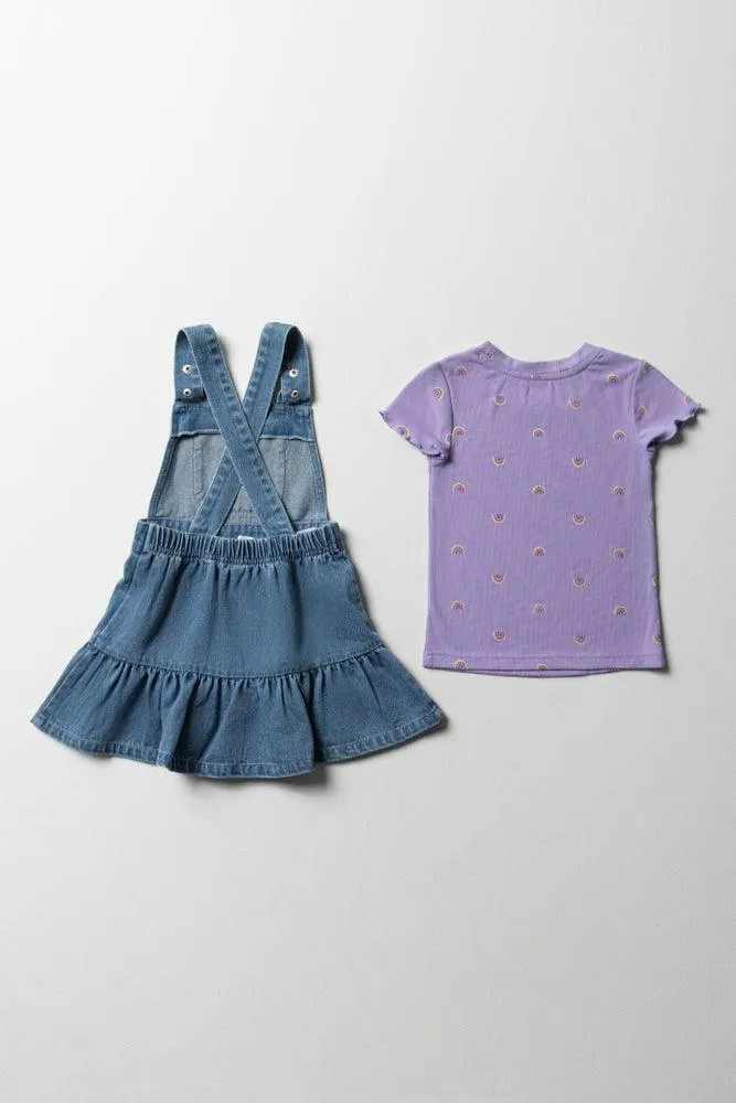 Tiered Denim Pinafore Dress With Rainbow T-Shirt Set Blue & Purple