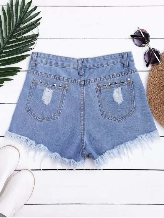 Trendy Ripped Cutoffs Rivet Denim Shorts