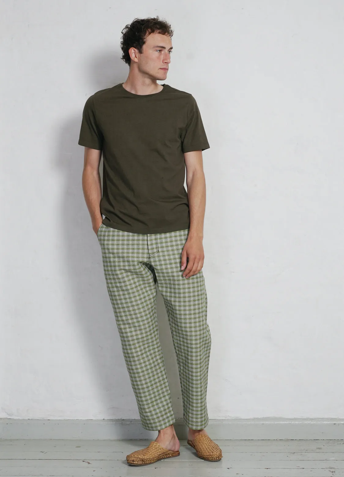 TYGE | Wide Cut Cropped Trousers | Sashiko Green