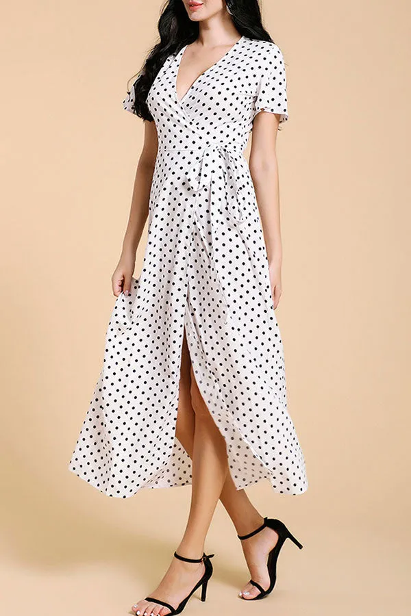 V-neck Lace-up Polka Dot Midi Dress