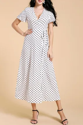 V-neck Lace-up Polka Dot Midi Dress