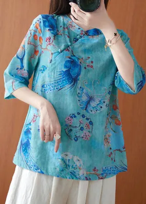 Vintage Blue Stand Collar Print Button Tops Spring