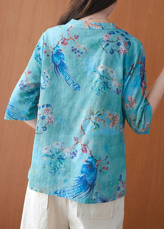 Vintage Blue Stand Collar Print Button Tops Spring