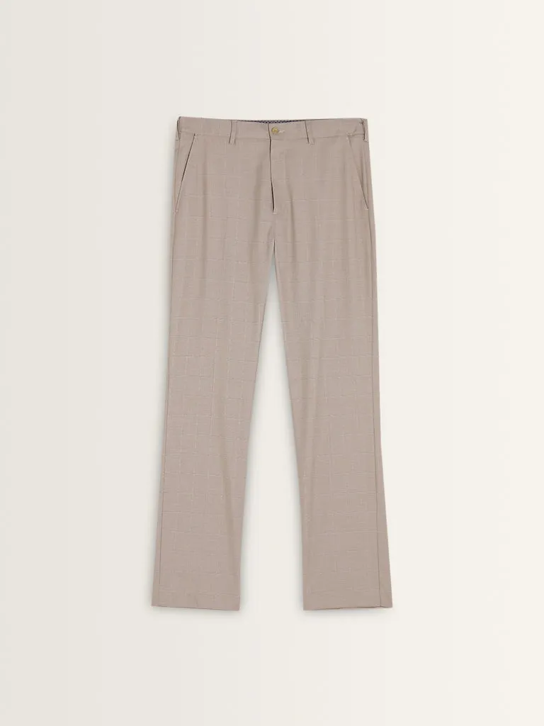 WES Formals Beige Mid-Rise Slim-Fit Trousers