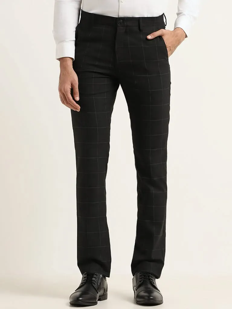 WES Formals Black Checked Cotton Ultra Slim Fit Trousers