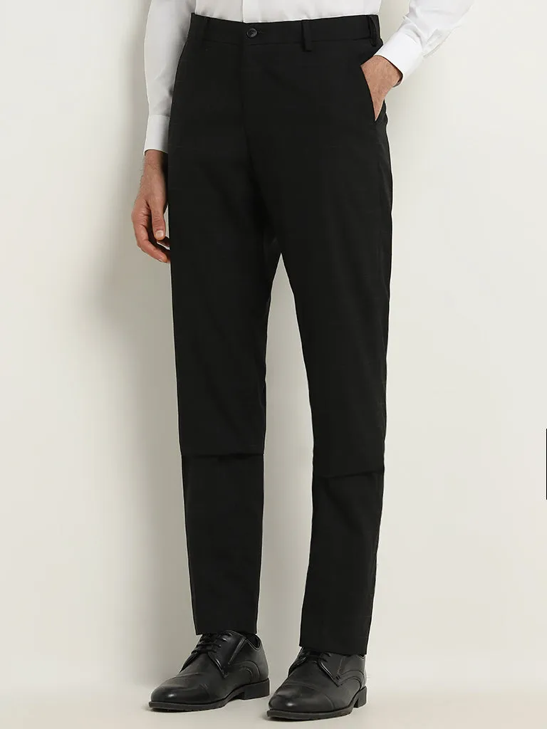 WES Formals Black Slim-Fit Mid-Rise Cotton Blend Trousers