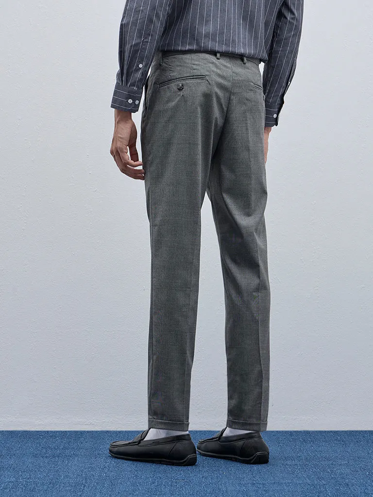 WES Formals Grey Checkered Mid-Rise Carrot-Fit Trousers