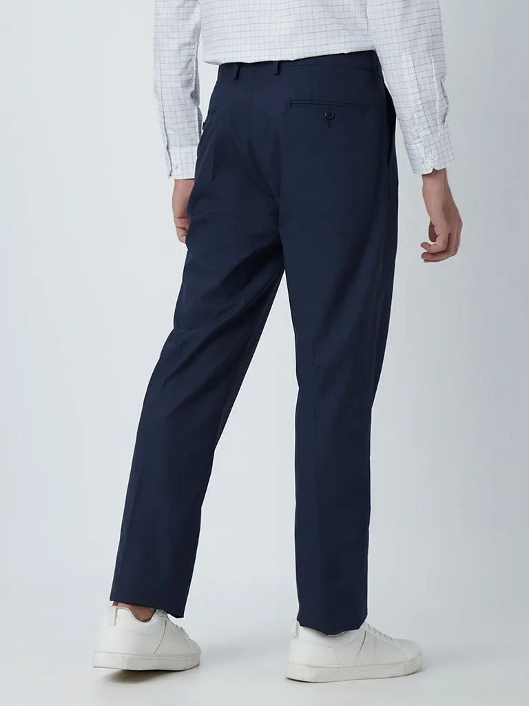 WES Formals Navy Checkered Relaxed-Fit Mid-Rise Trousers