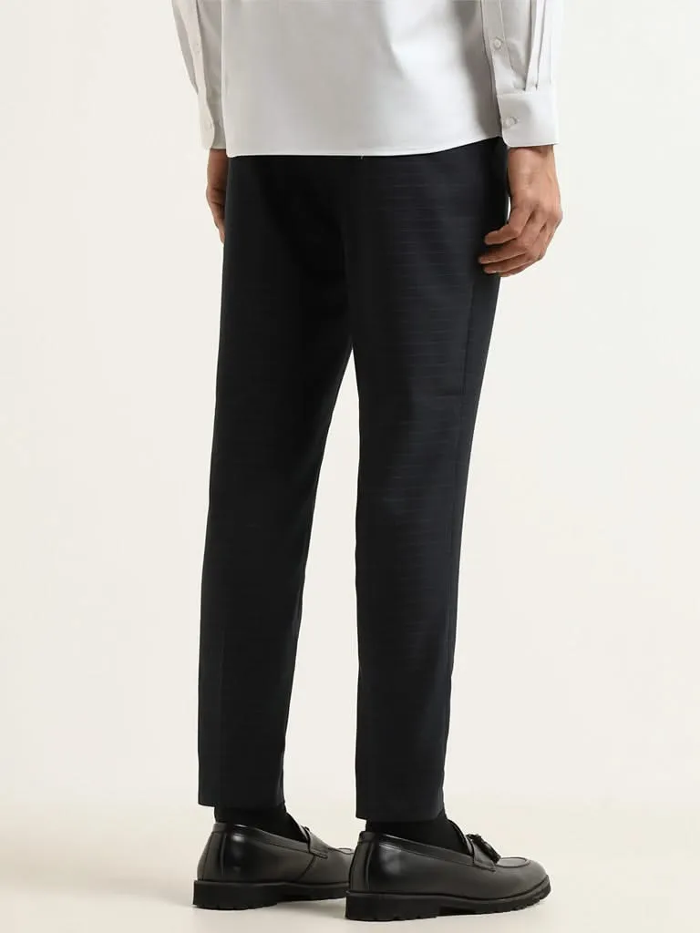 WES Formals Navy Checkered Slim Fit Trousers