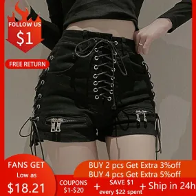 Wjczt Rosetic Bandage Sexy Denim Shorts Women Streetwear Gothic Jeans Mini High Waist Lace Up Casual Zip Black Goth Club Fashion 2021