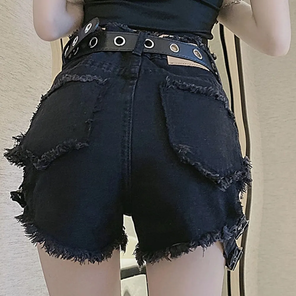 Wjczt Rosetic Bandage Sexy Denim Shorts Women Streetwear Gothic Jeans Mini High Waist Lace Up Casual Zip Black Goth Club Fashion 2021