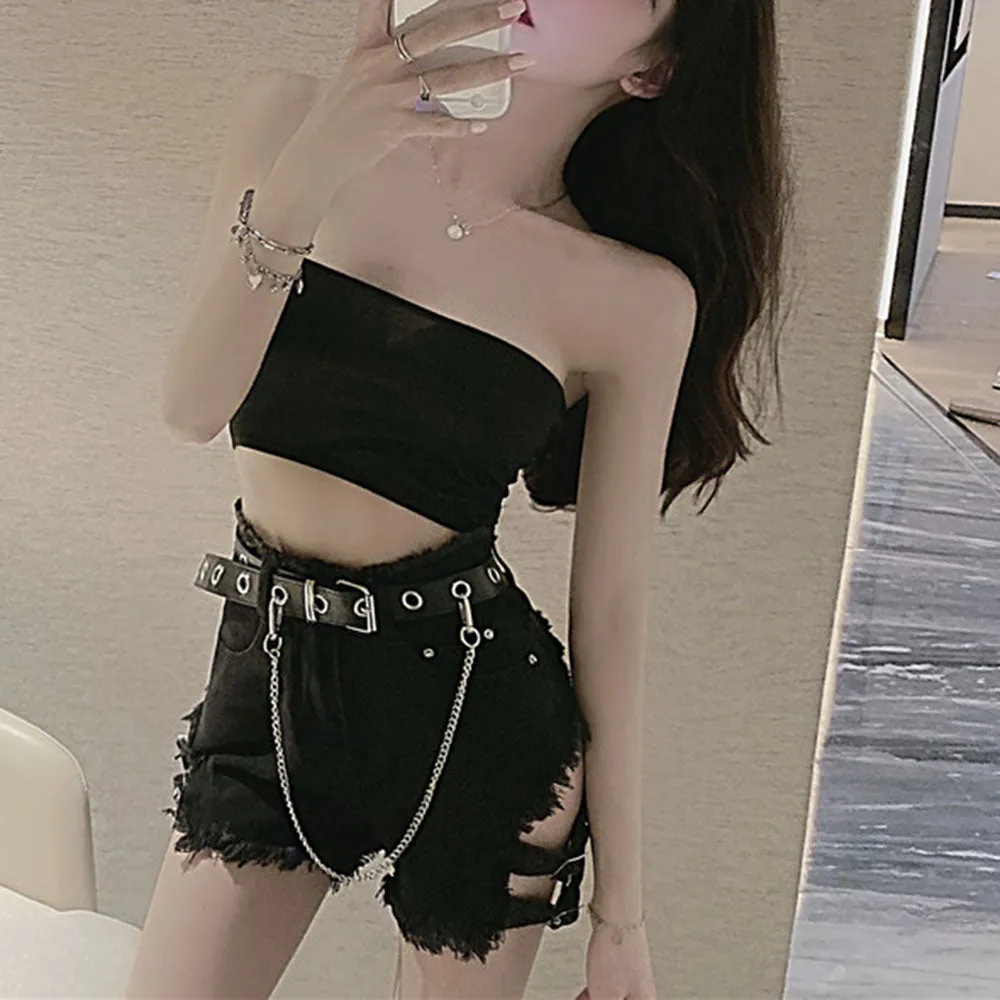 Wjczt Rosetic Bandage Sexy Denim Shorts Women Streetwear Gothic Jeans Mini High Waist Lace Up Casual Zip Black Goth Club Fashion 2021