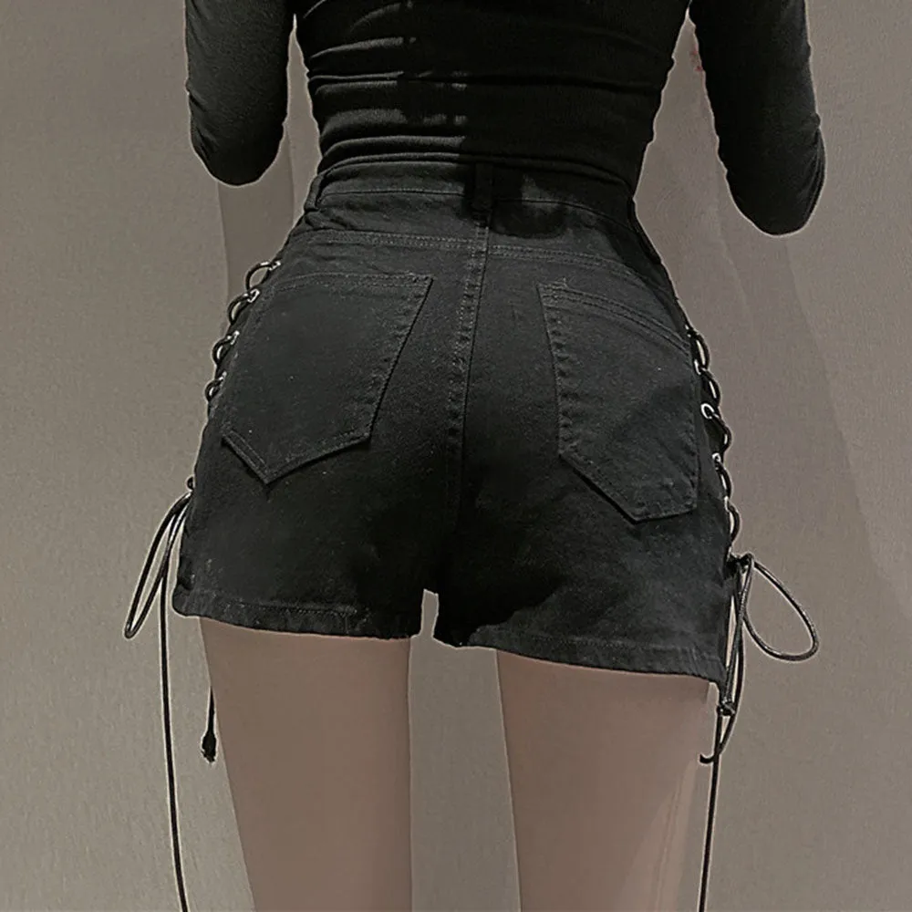 Wjczt Rosetic Bandage Sexy Denim Shorts Women Streetwear Gothic Jeans Mini High Waist Lace Up Casual Zip Black Goth Club Fashion 2021